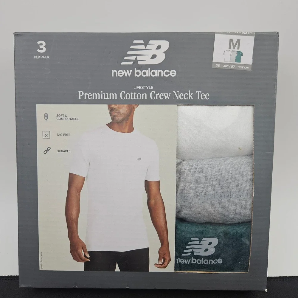 New Balance Mens Size Med Premium Cotton Crew‎ Neck Tee 3 Pack White Grey Green